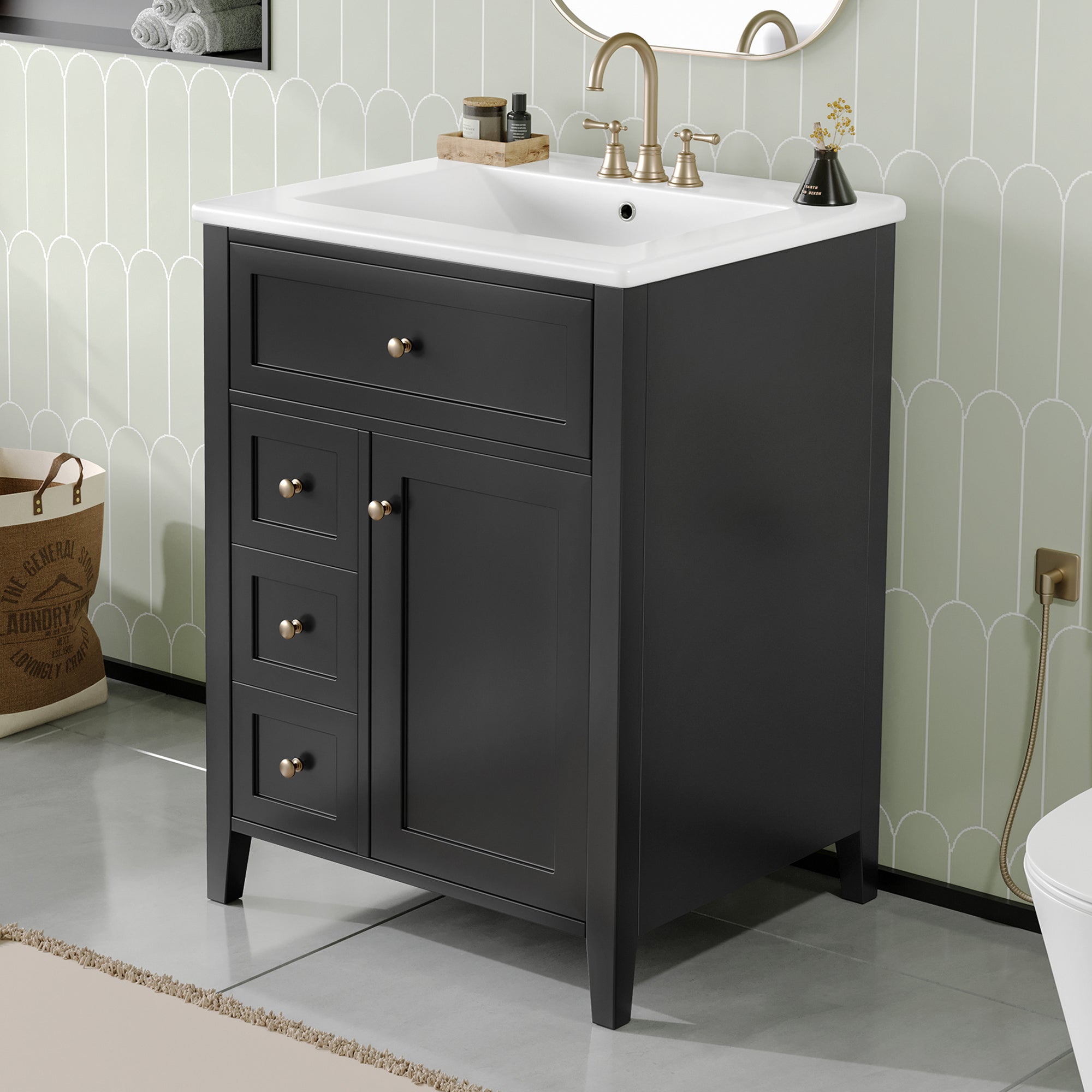Black Bathroom Vanity with Ceramic Sink – 24-Inch