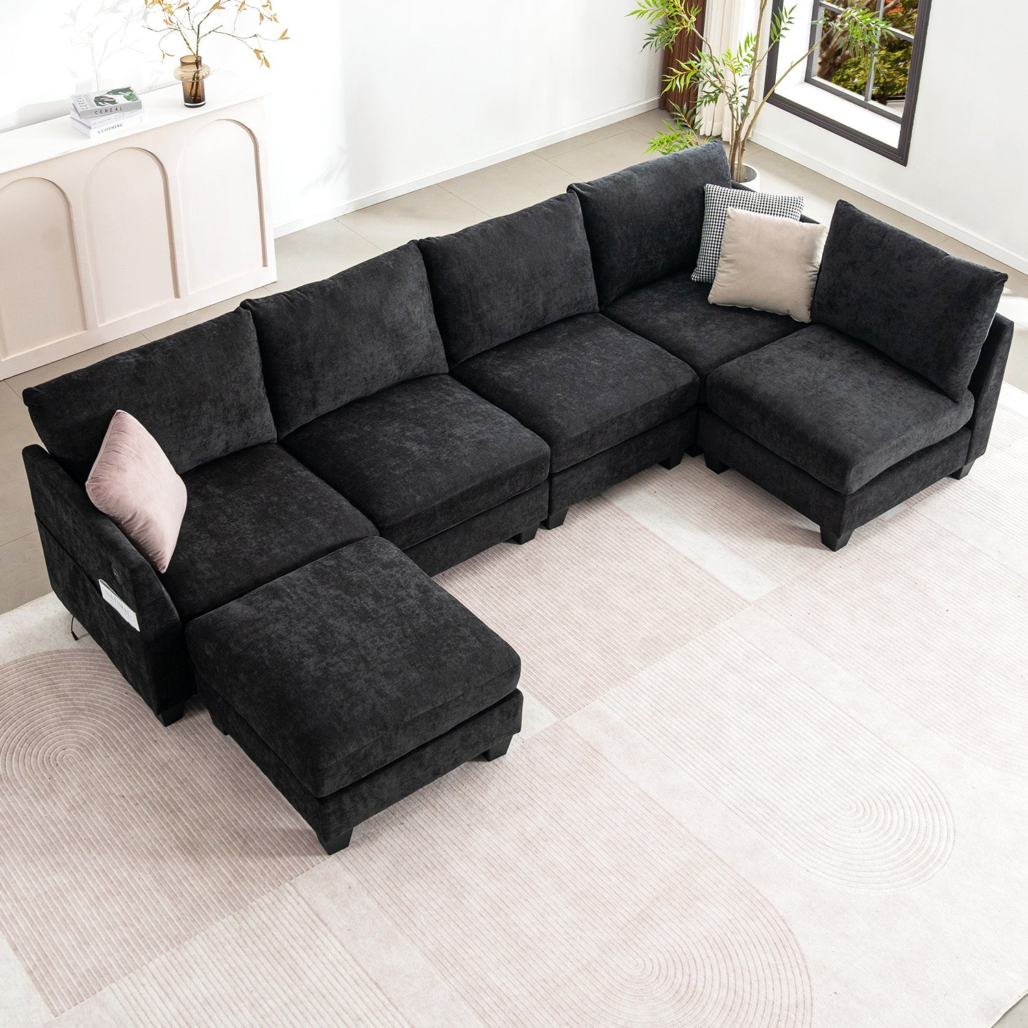 [variant:W3885S00029] 6-Seater U-Shaped Modular Sofa with Storage Ottoman & USB Ports image 1