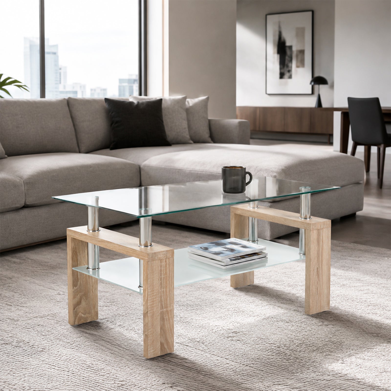 Modern Tempered Glass Coffee Table – Natural or Black — [variant:W3738P364267] Natural image 2