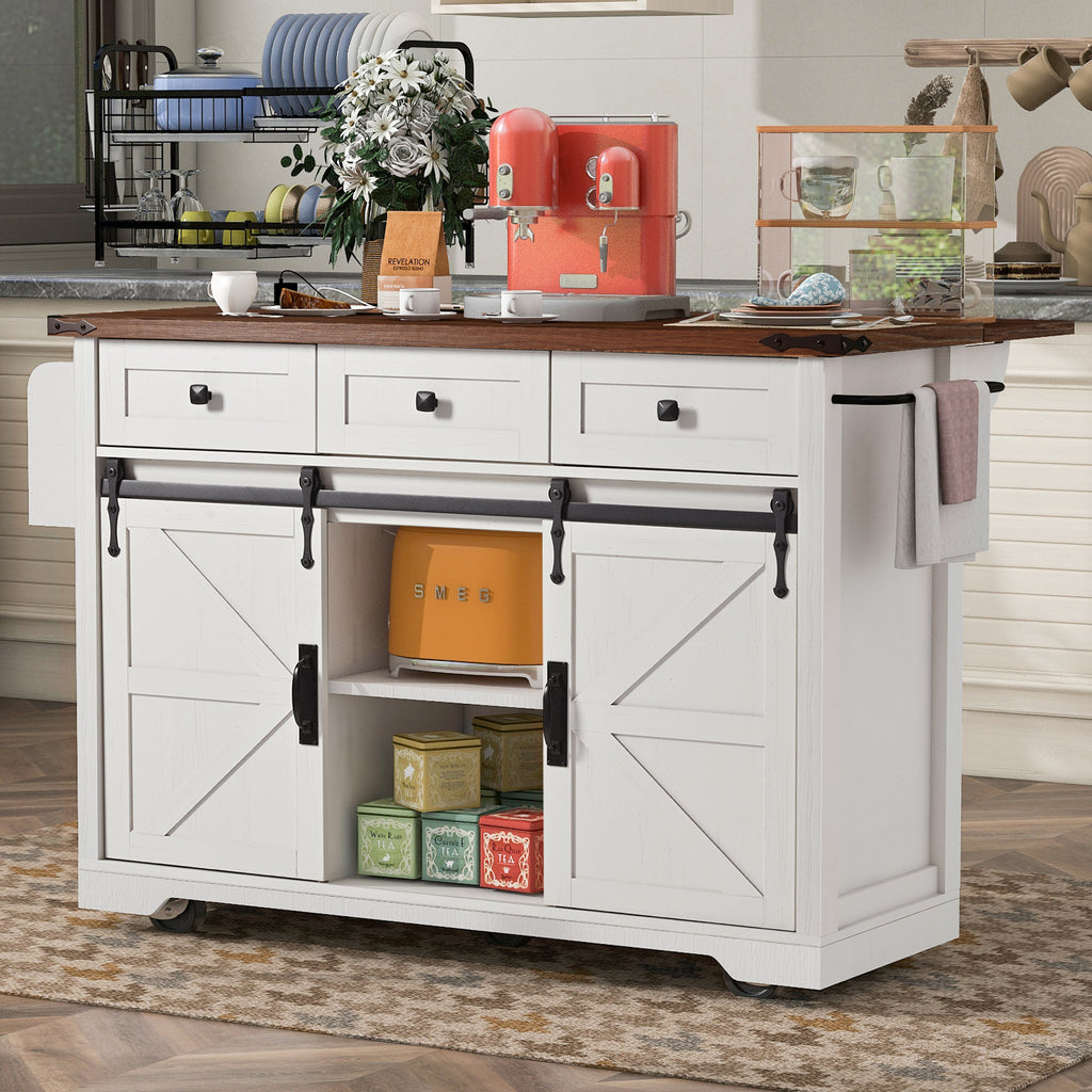 [variant:N853S379573W] Farmhouse Kitchen Island with Drop Leaf, Power Outlet and Sliding Barn Doors – 53.75-Inch image 1