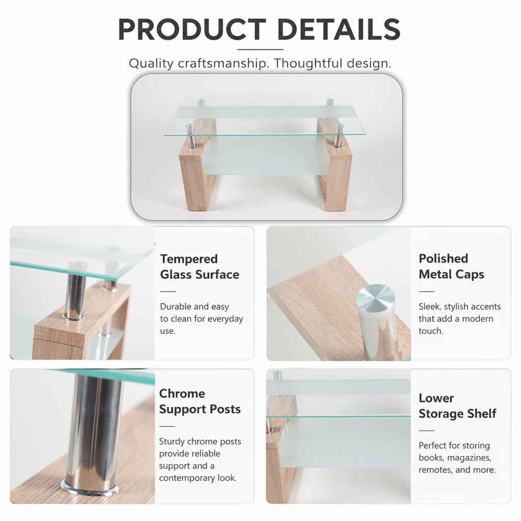 2-Tier Rectangular Tempered Glass Coffee Table — [variant:W3738P499156] Natural,Transparent image 2