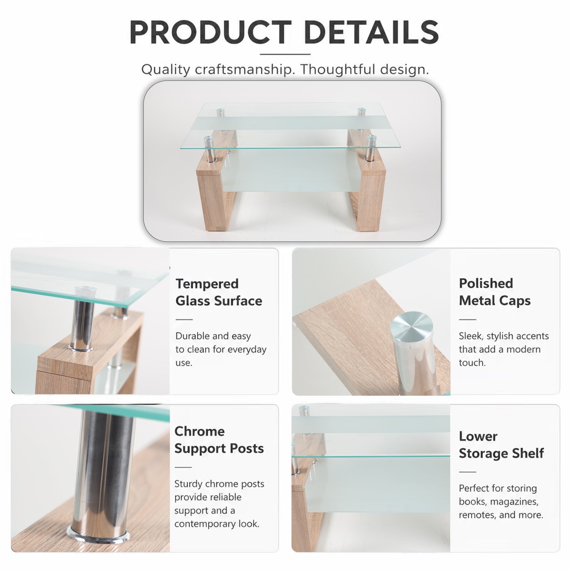 2-Tier Rectangular Tempered Glass Coffee Table — [variant:W3738P499156] Natural,Transparent image 2
