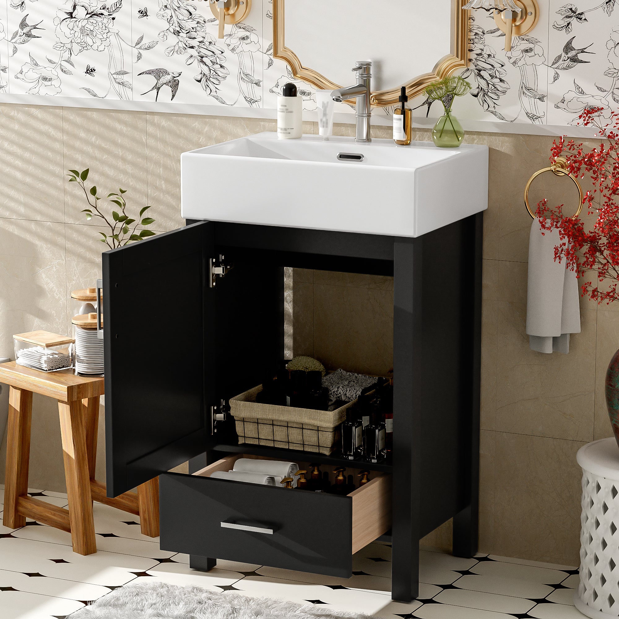 [variant:N729P277755B] Bathroom Vanity with Ceramic Sink and Drawer – 20.3-Inch – Black image 1