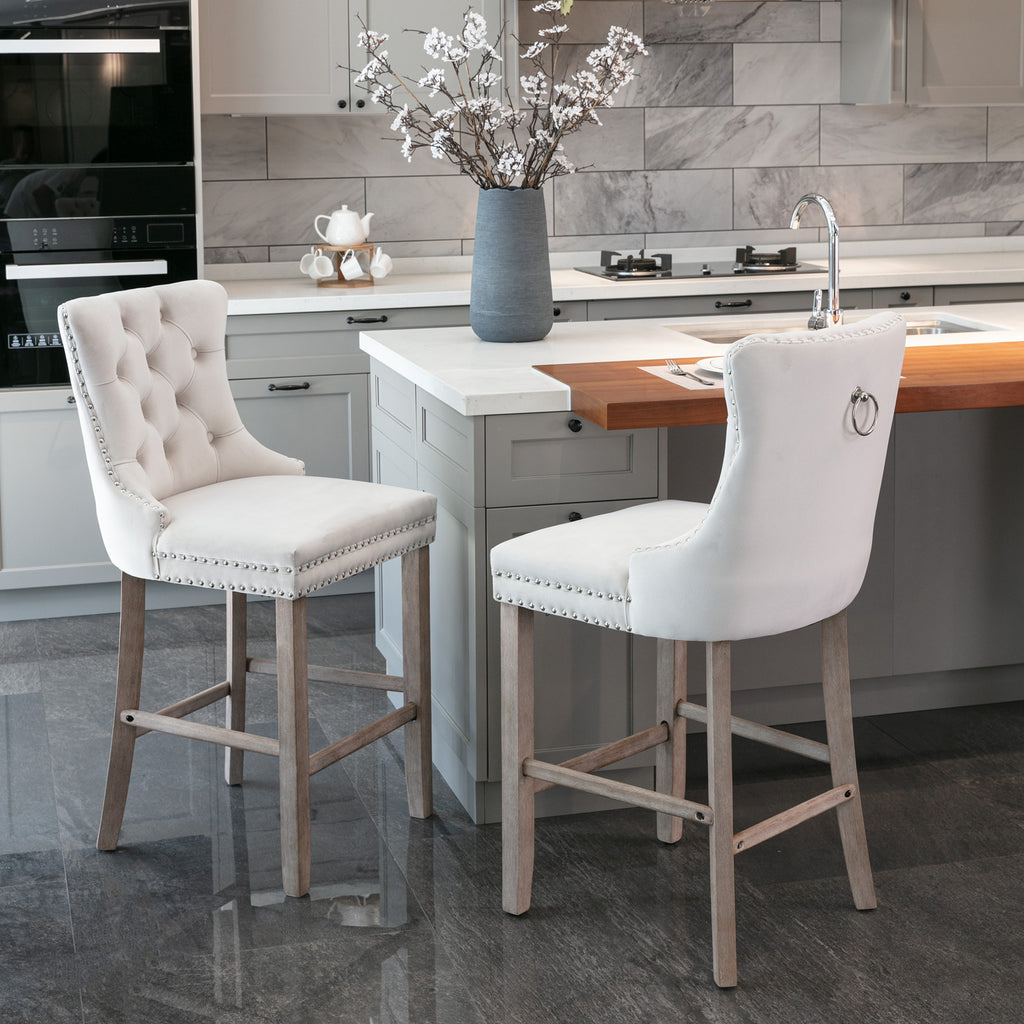 [variant:W5755P474584] Set of 2 Beige Velvet Bar Stools image 1