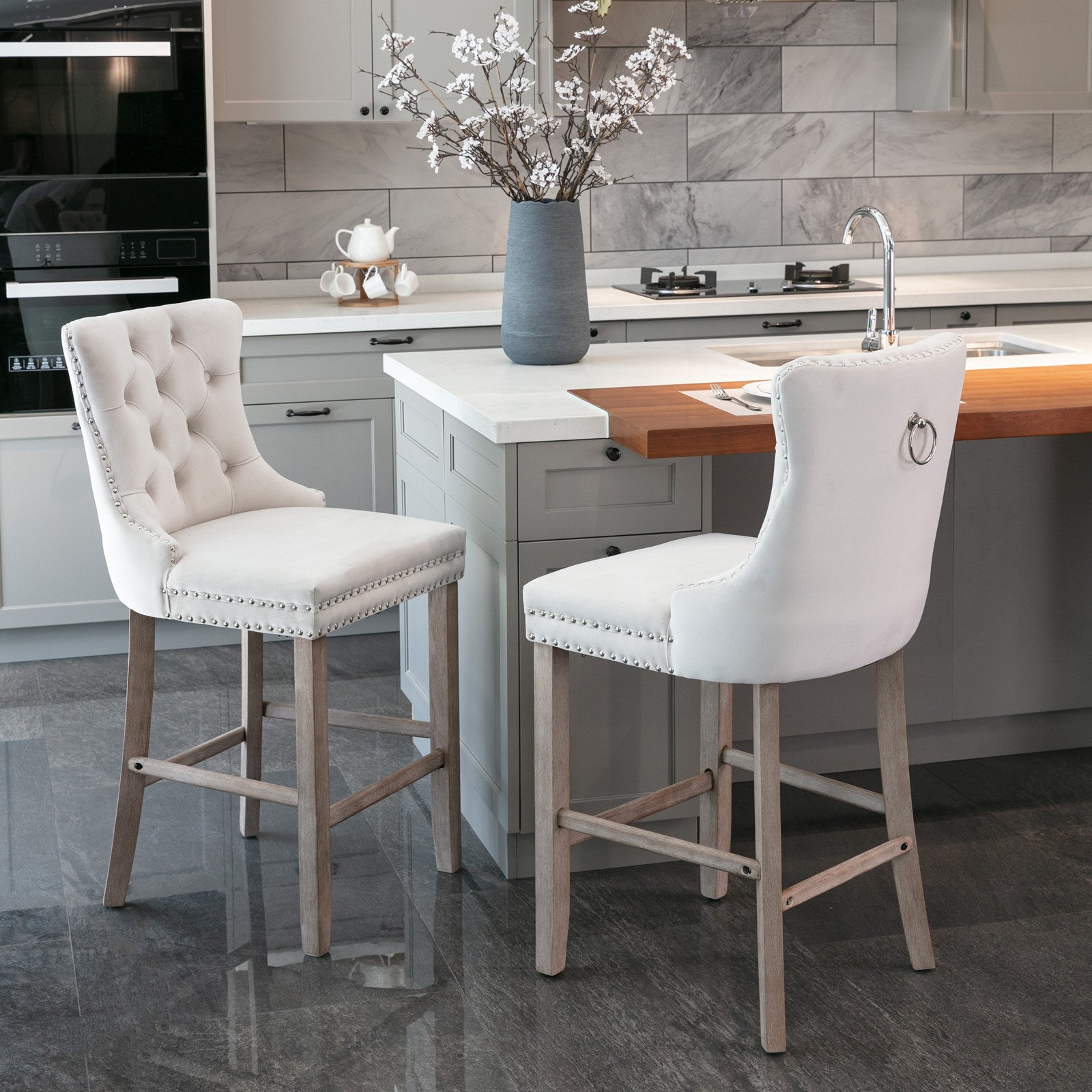 [variant:W5755P474584] Set of 2 Beige Velvet Bar Stools image 1