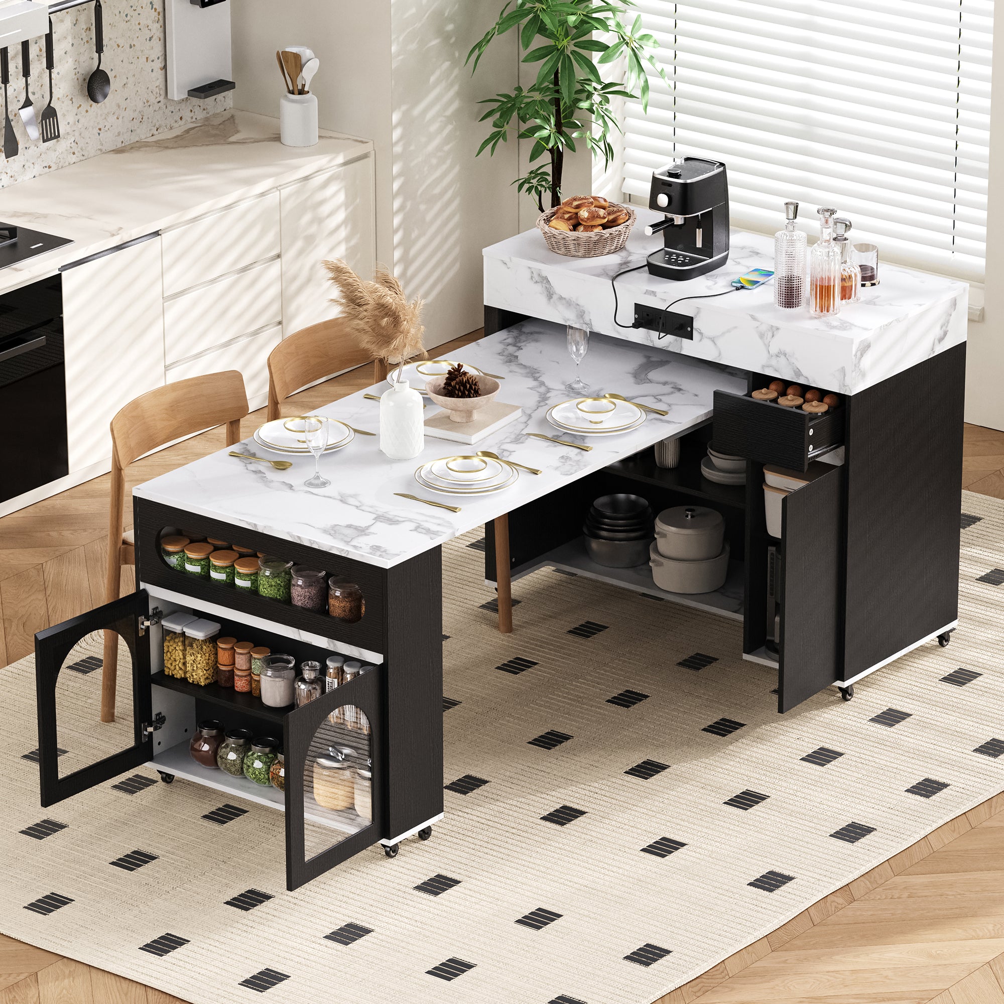 [variant:XW000029AAB-CA] Rolling Kitchen Island with Extra-Long Folding Tabletop – Black,White Marble image 1