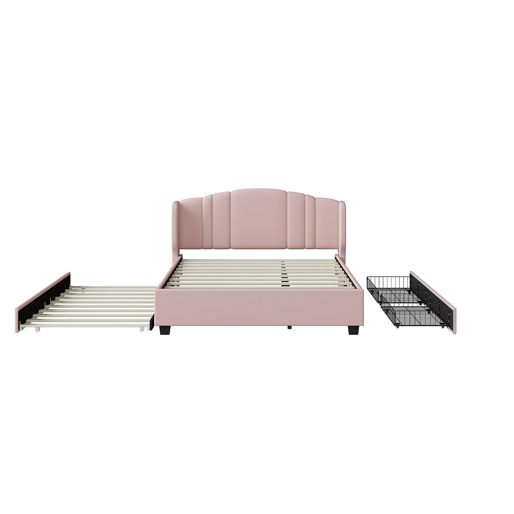Queen Upholstered Wingback Bed with Twin Trundle & 2 Drawers — [variant:N854S427452H] Pink image 5