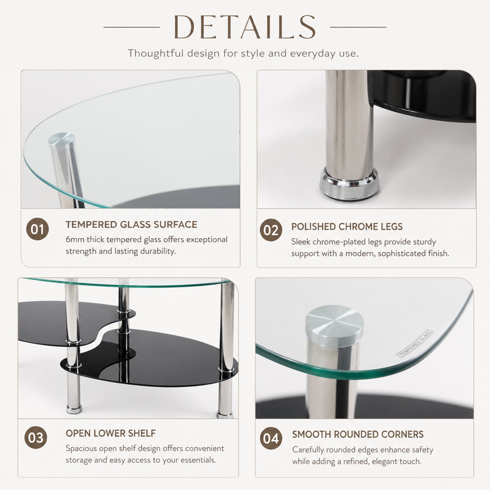 2-Tier Oval Tempered Glass Coffee Table — [variant:W3738P499151] Black,Transparent image 5