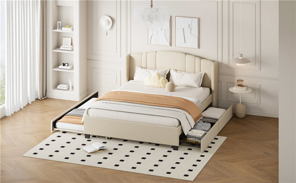 Queen Upholstered Wingback Bed with Twin Trundle & 2 Drawers — [variant:N854S427452A] Beige image 8