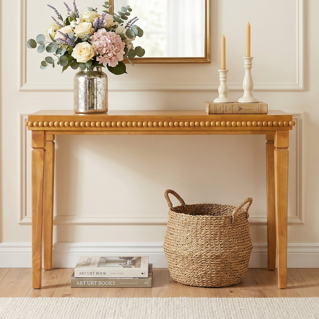 Farmhouse Console Table with Beaded Trim — [variant:N876P351928D] Natural image 3