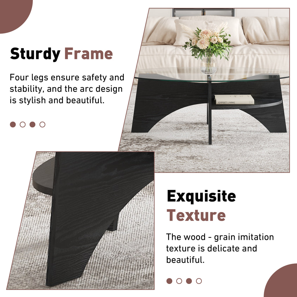 [variant:W3806P404727] Oval Glass Coffee Table with Black Fan-Shaped Base image 8