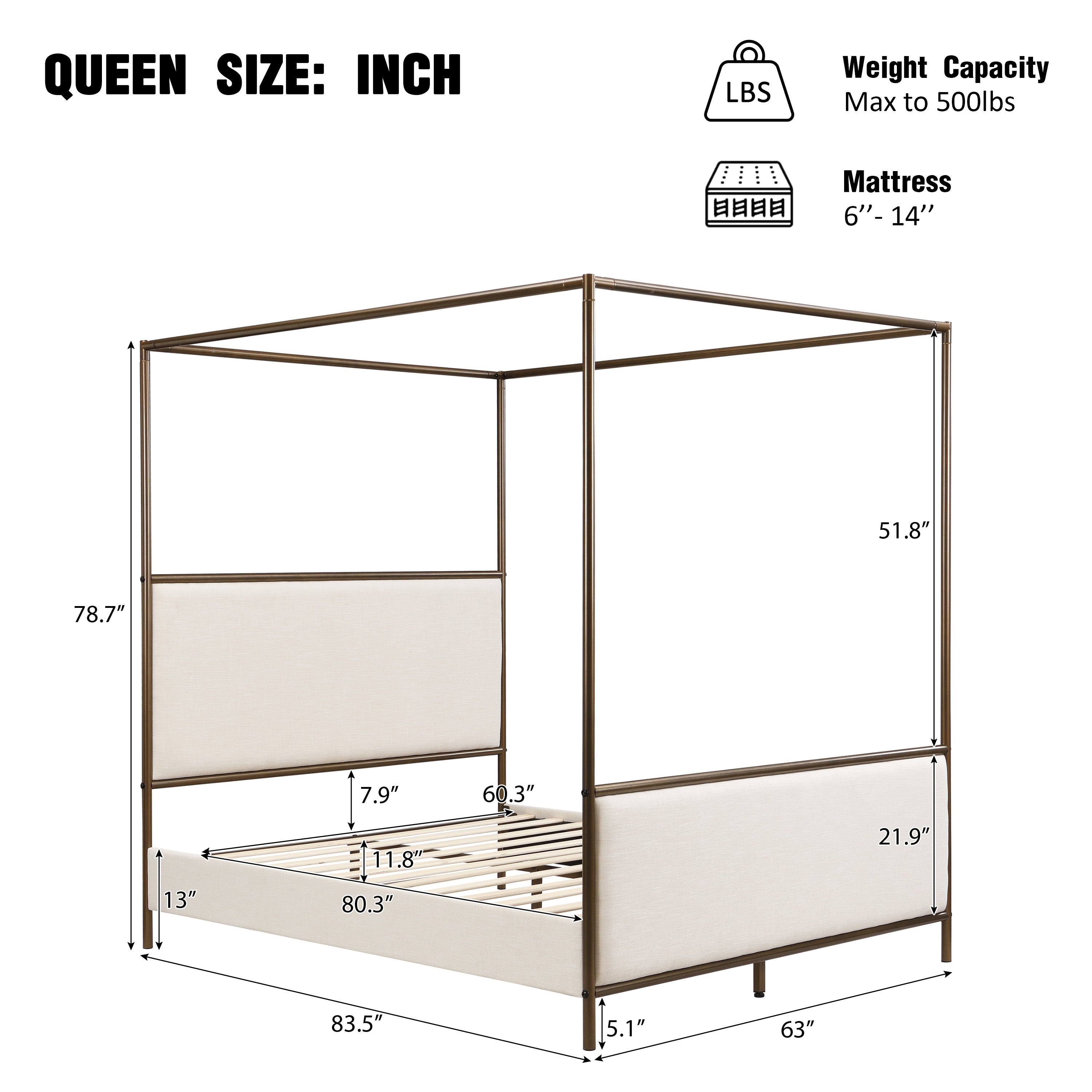 [variant:N859Q000022I] Queen Linen Upholstered Canopy Bed – Beige & Bronze image 6