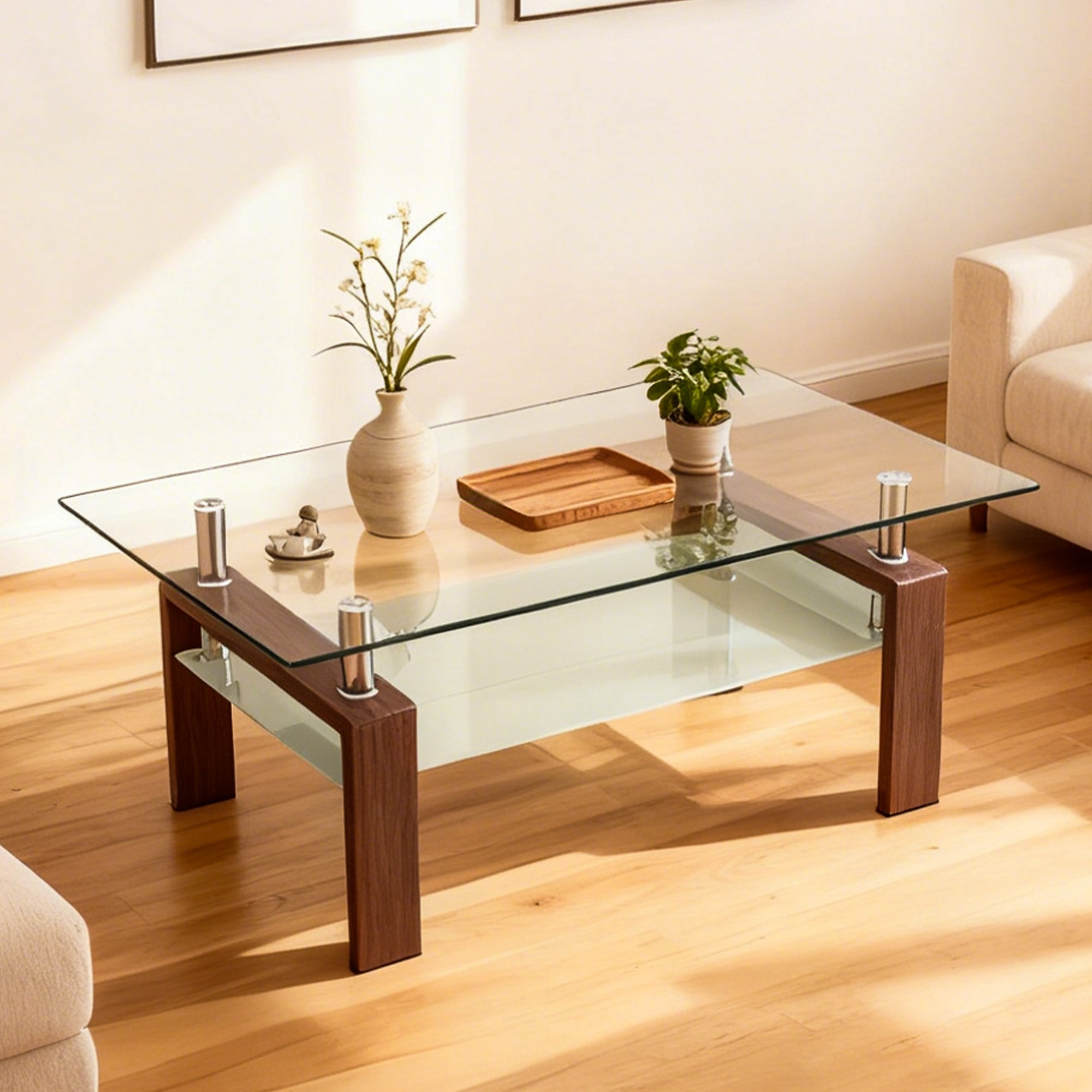 [variant:W3856P411907] Rectangular Glass Coffee Table with Walnut Base image 1