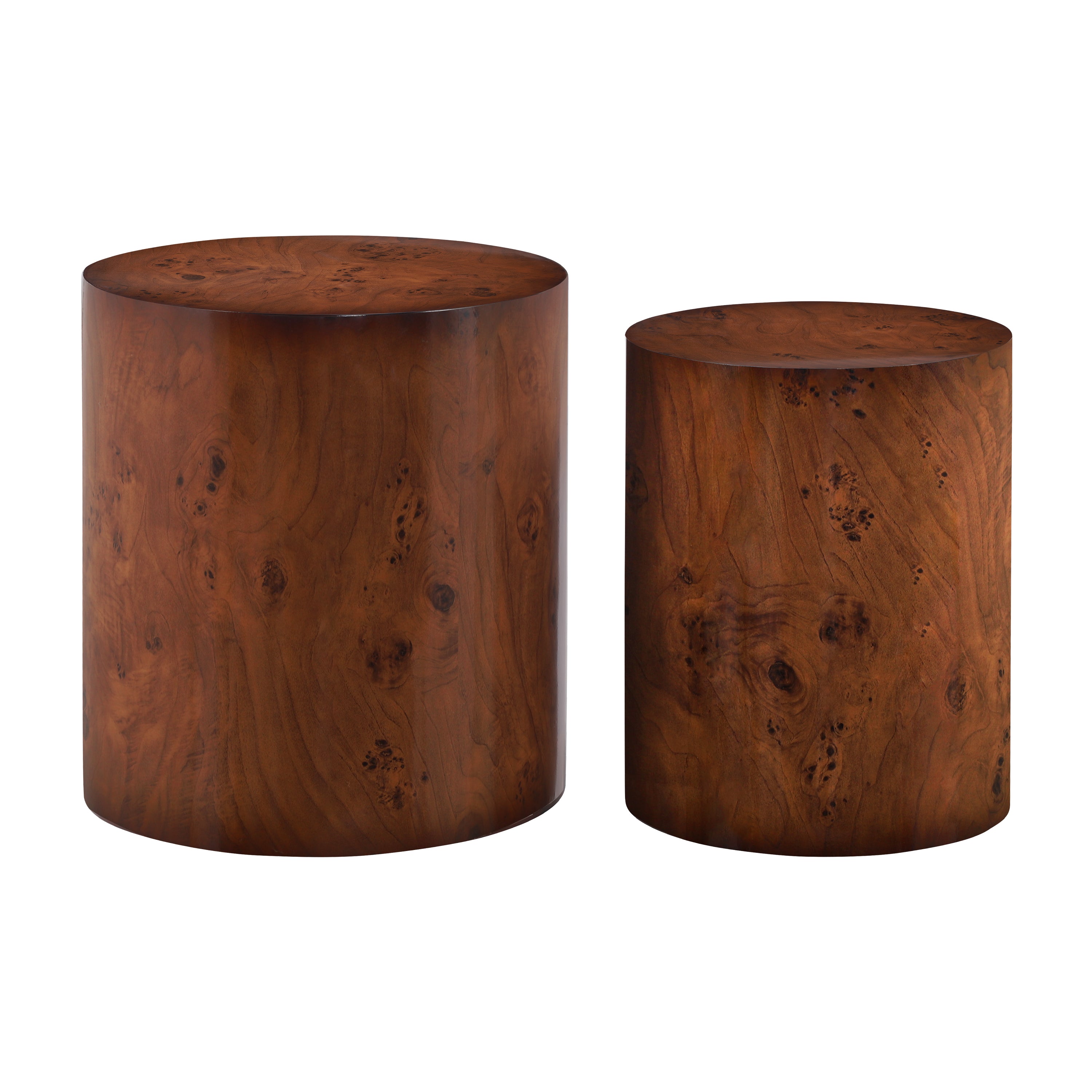 [variant:N872P426800T] Set of 2 Round Burl Veneer Nesting Tables image 1