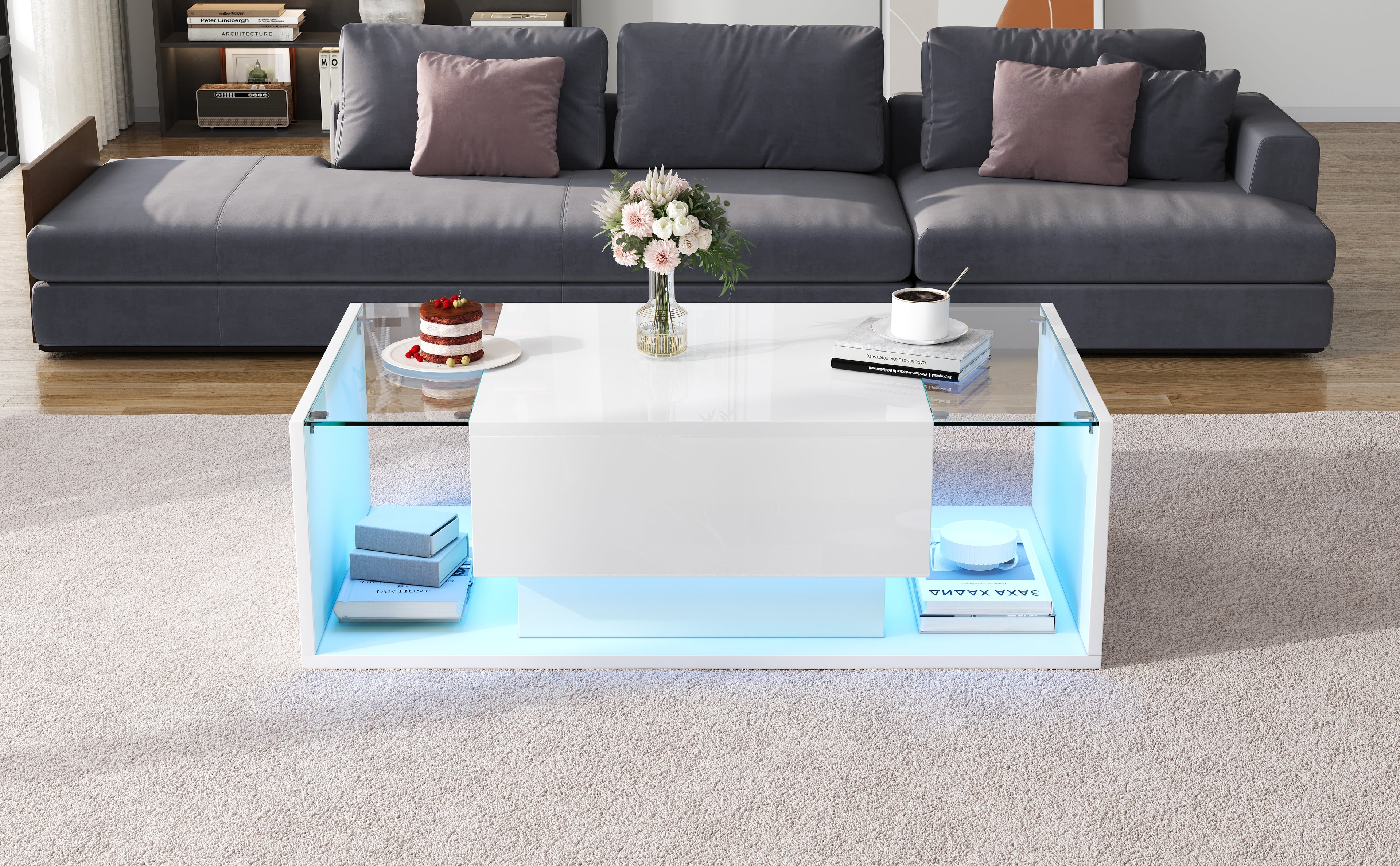 [variant:N892P423295W] High-Gloss LED Coffee Table with Drawer and Glass Top image 28