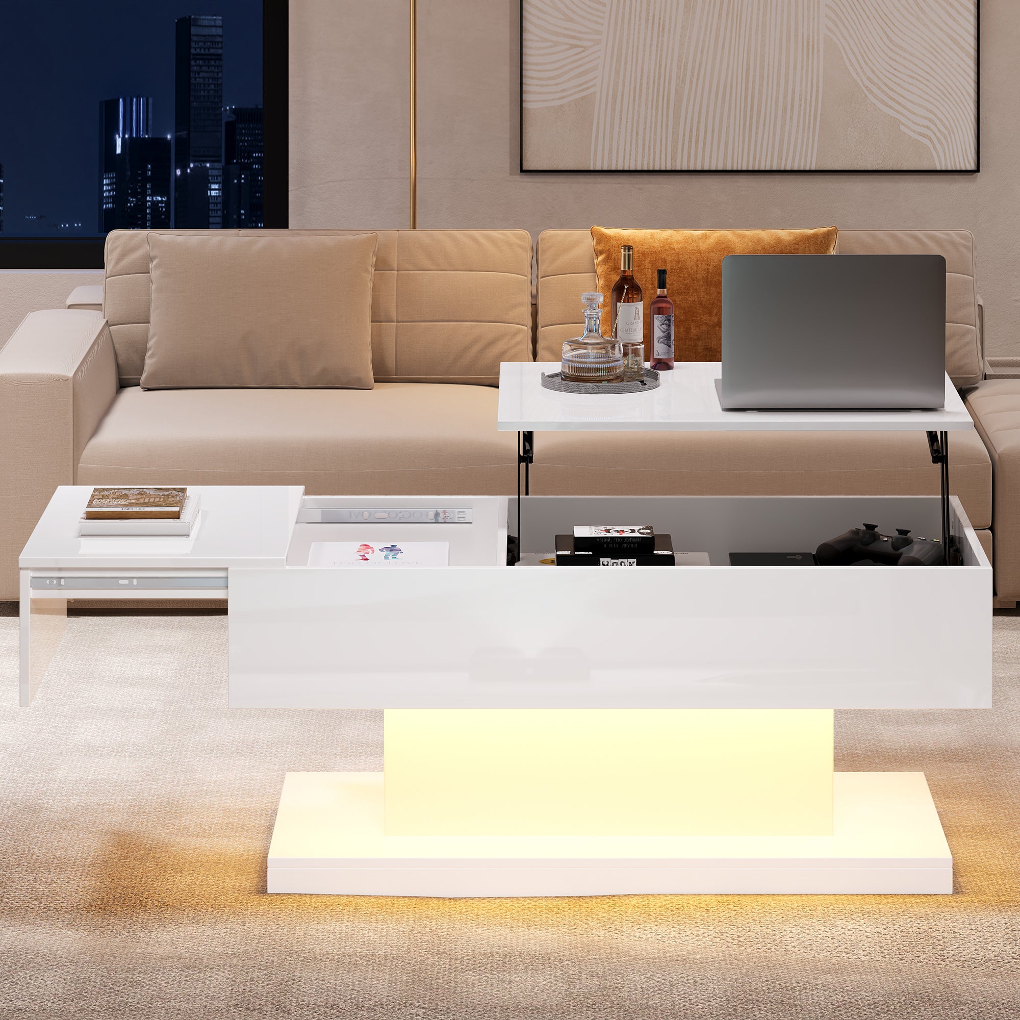 [variant:N892P407974W] High-Gloss Lift-Top Coffee Table with LED Lights image 26