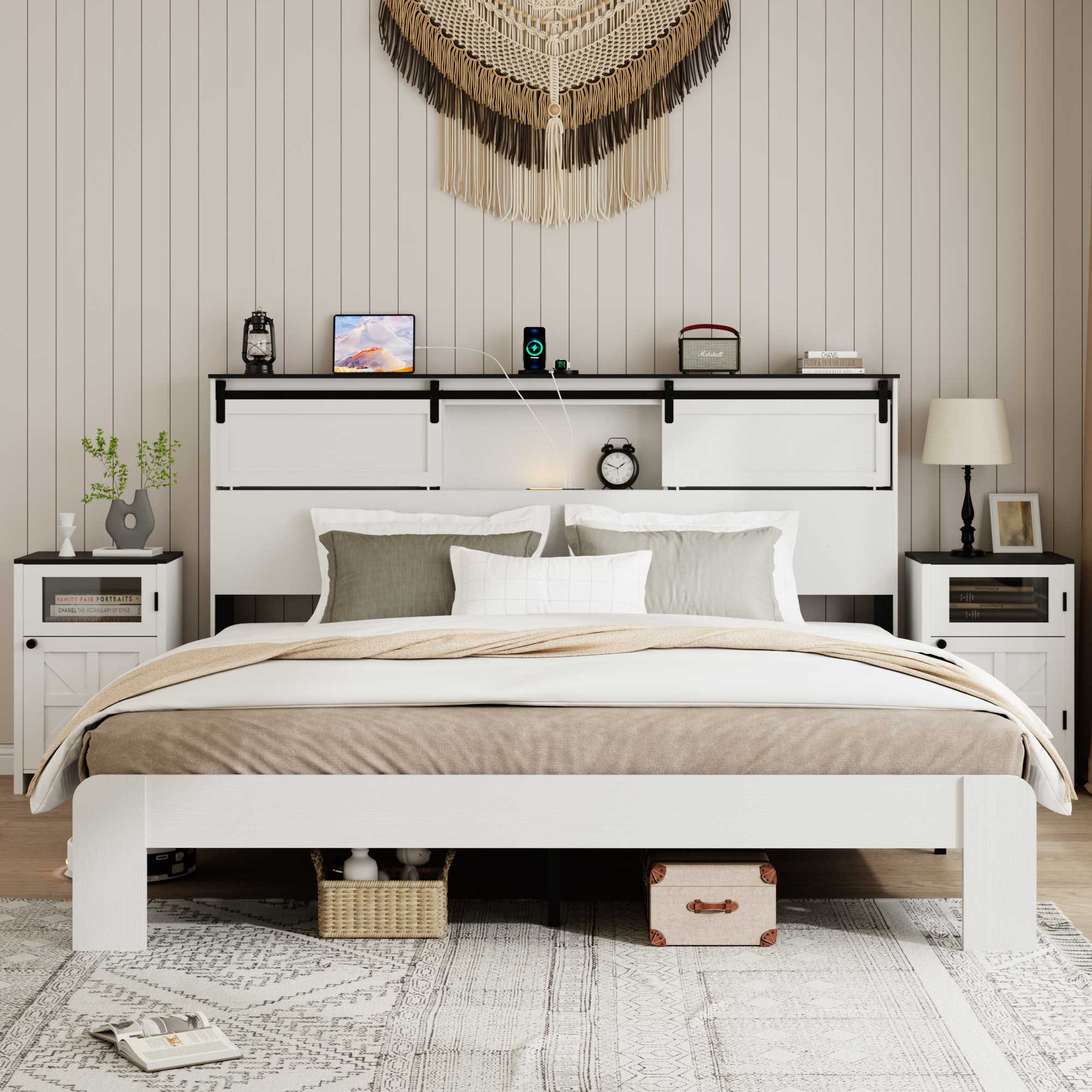 [variant:W5658P486955] Queen Farmhouse Platform Bed with Bookcase Headboard & Charging Station image 9