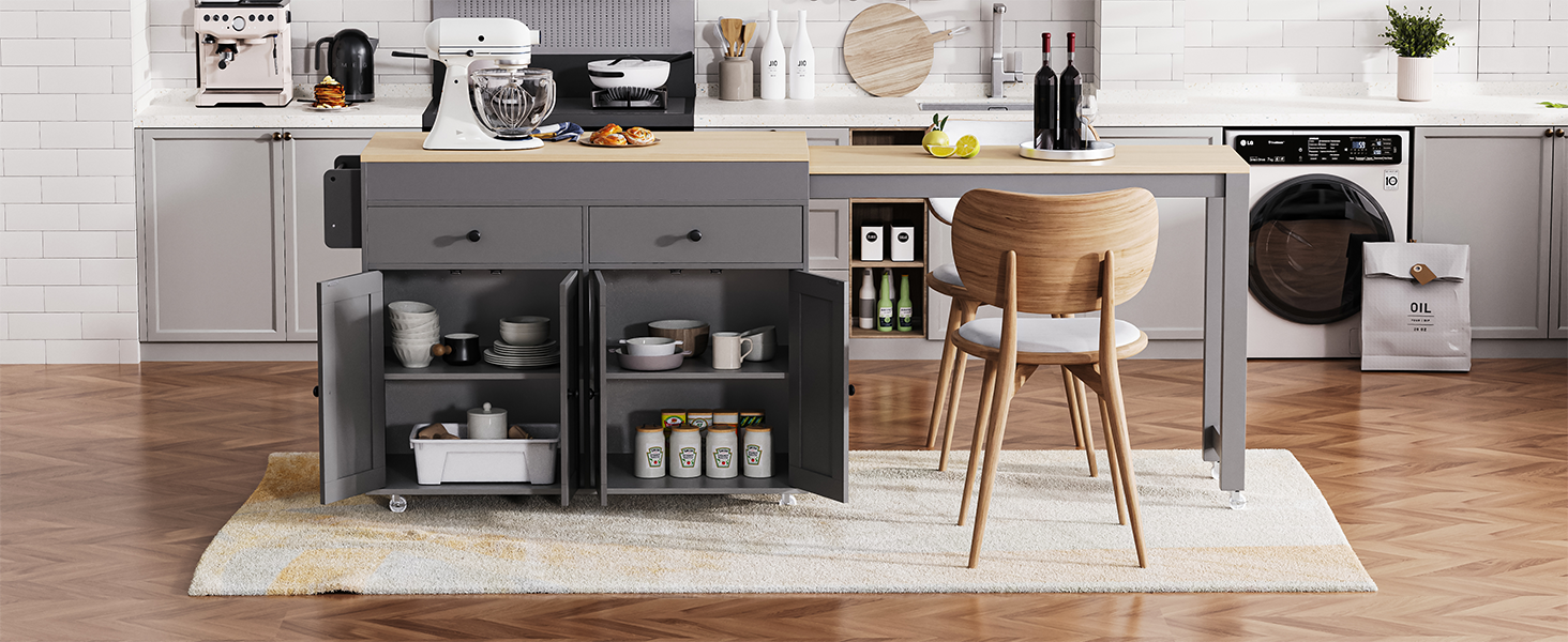 [variant:N853P386264G] Extendable Rolling Kitchen Island with Dining Table – Gray, 74.5-Inch image 5