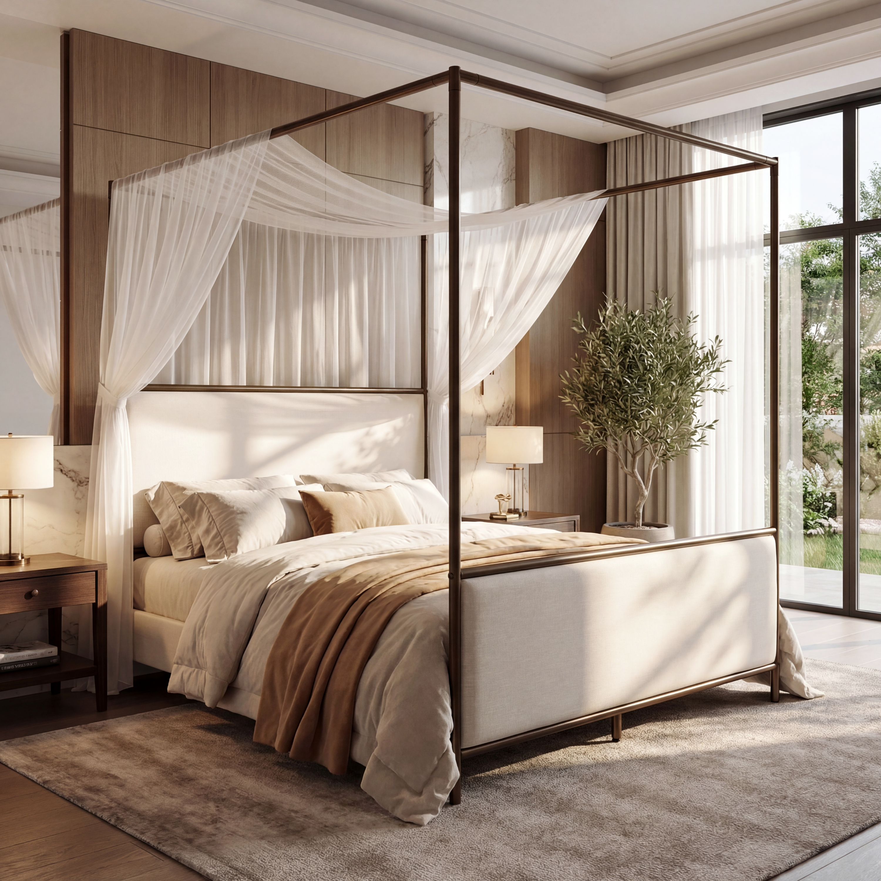 [variant:N859Q000022I] Queen Linen Upholstered Canopy Bed – Beige & Bronze image 4