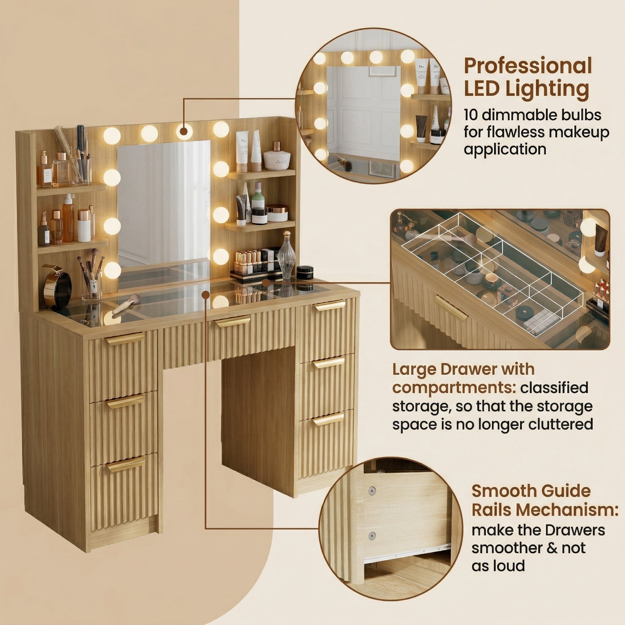 [variant:N881S436333N] Fluted 7-Drawer Vanity Desk with LED Mirror and Stool image 5