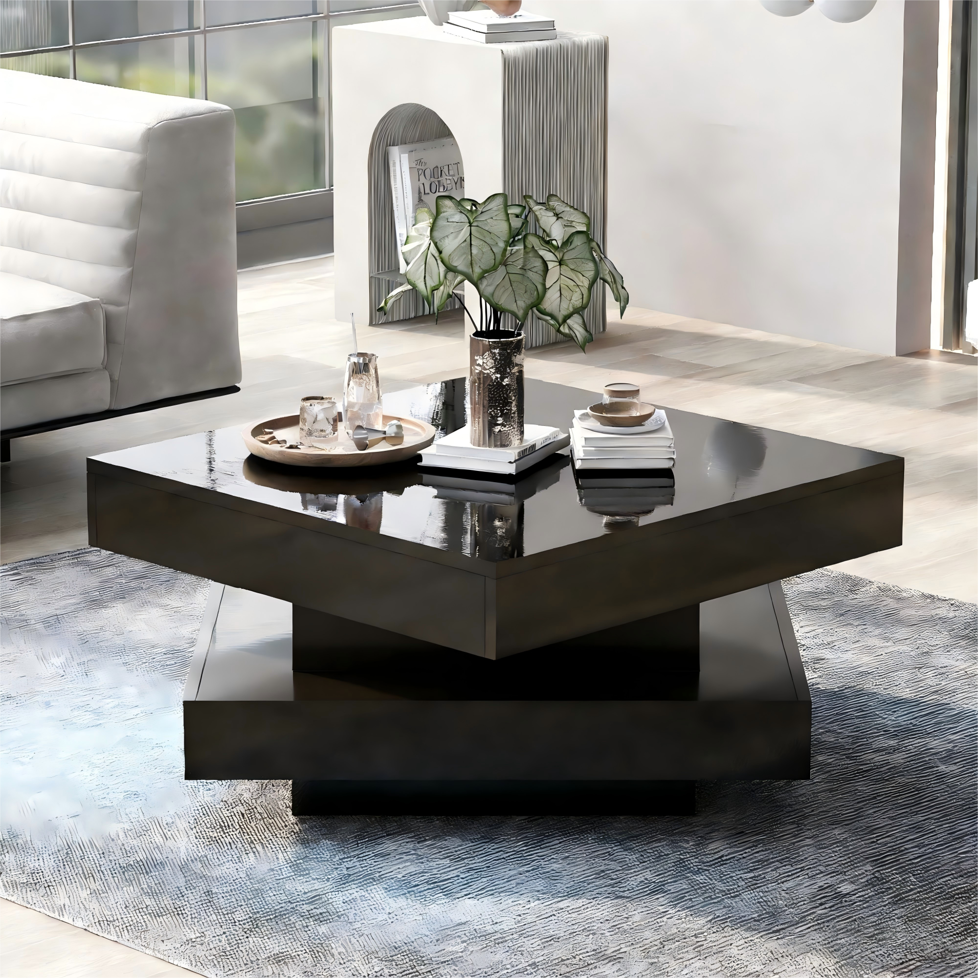 [variant:N892P423297B] Square High-Gloss LED Coffee Table with Rotating Top image 14