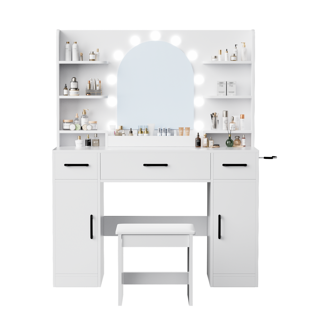 [variant:N881S436327W] Lighted Vanity Desk with Mirror, 3 Drawers and Shelves image 8