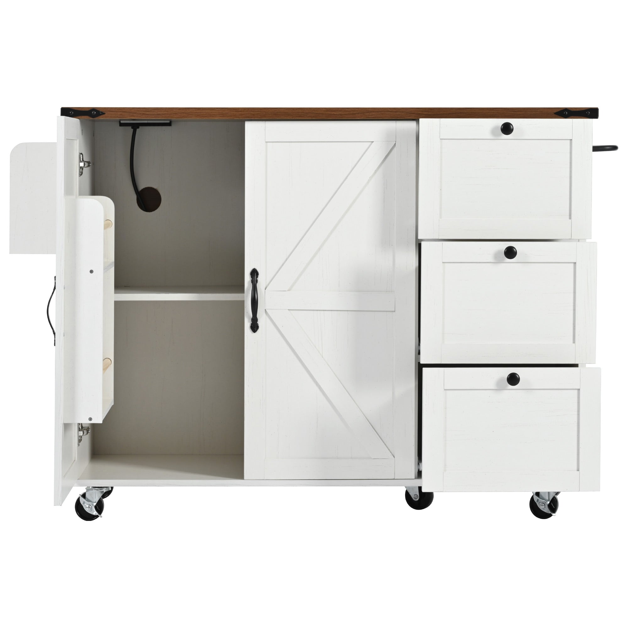 [variant:N853P379579W] Farmhouse Rolling Kitchen Island with Drop Leaf – White, 54.5-Inch image 10