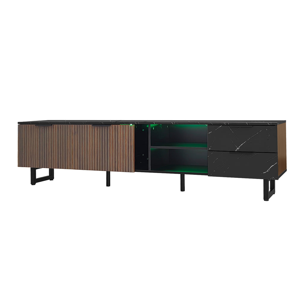 [variant:GA0010N] LED TV Stand with 2 Doors and 2 Drawers – Black Marble and Wood Grain image 19