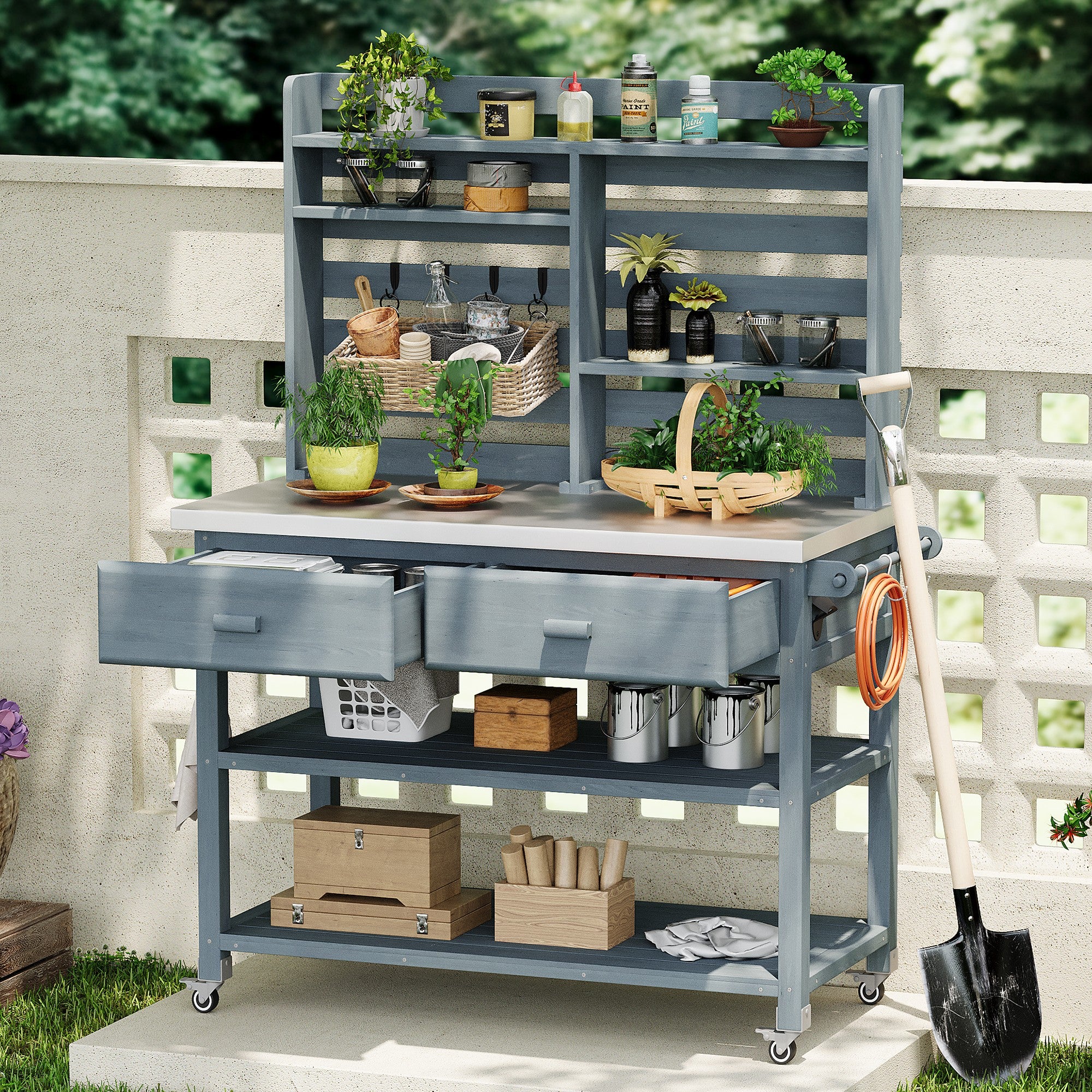 [variant:N853P386121G] Rolling Outdoor Potting Bench with Stainless Steel Top image 1