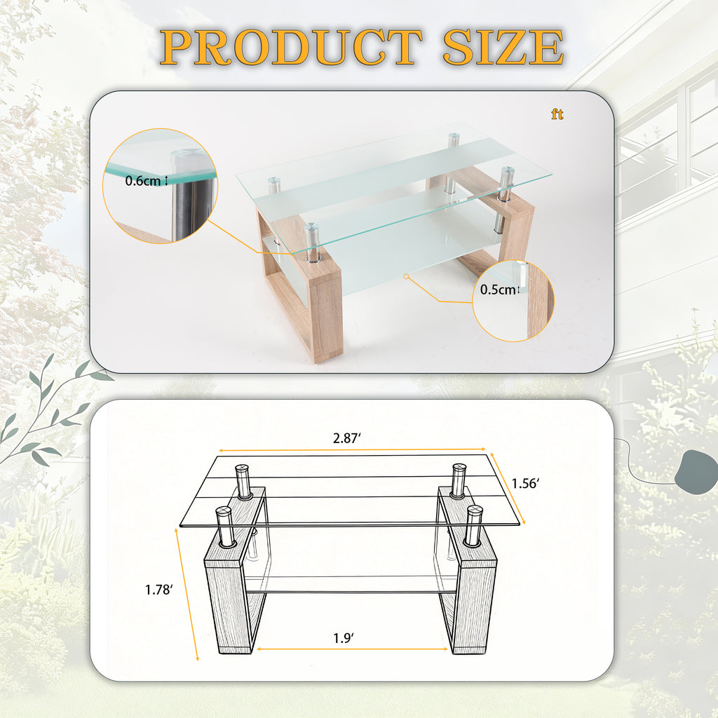 2-Tier Rectangular Tempered Glass Coffee Table — [variant:W3738P499156] Natural,Transparent image 5