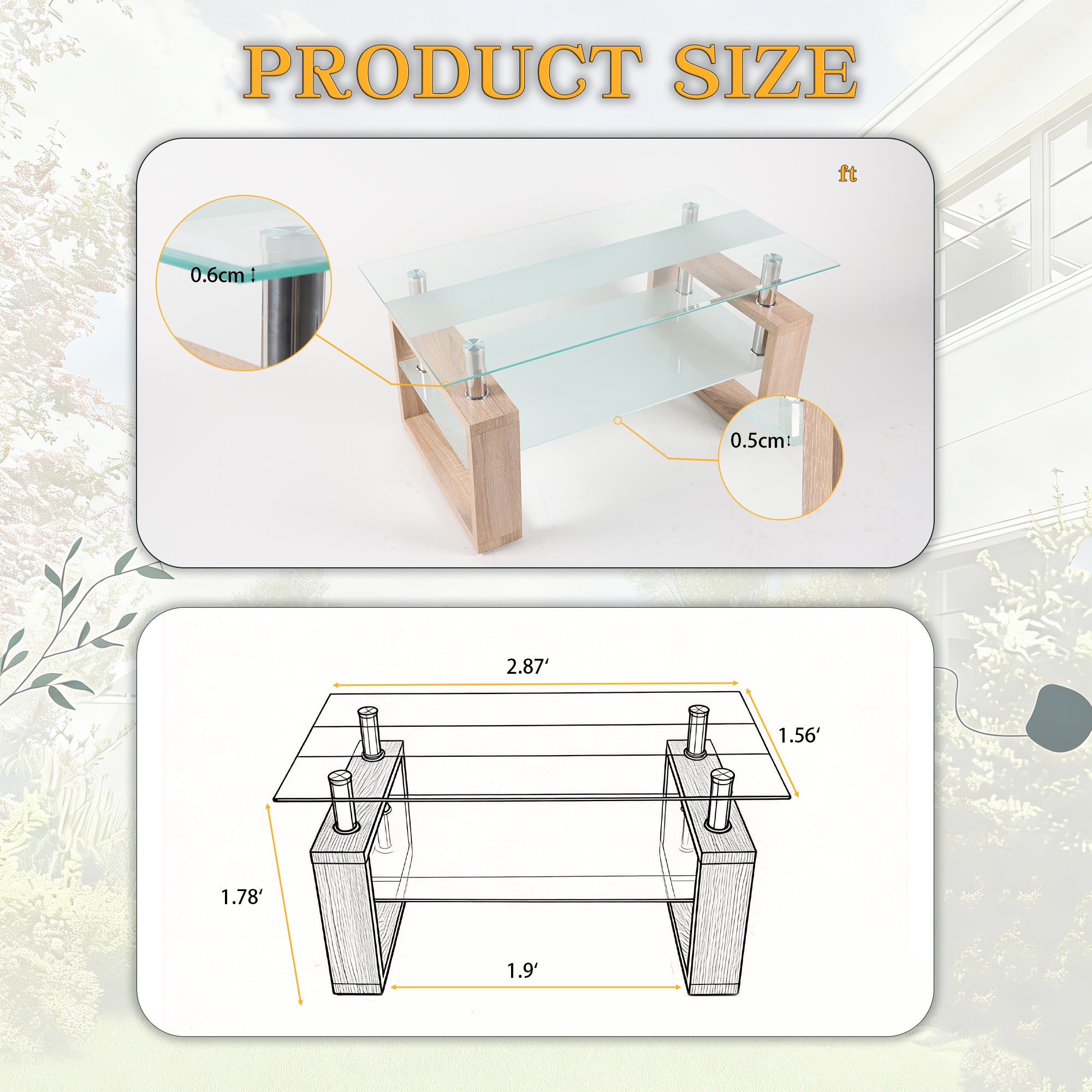 2-Tier Rectangular Tempered Glass Coffee Table — [variant:W3738P499156] Natural,Transparent image 5