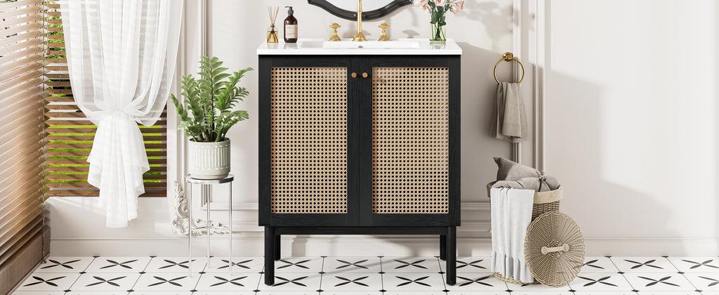 [variant:N729P285517B] Rattan-Door Bathroom Vanity with Sink – 30-Inch image 25