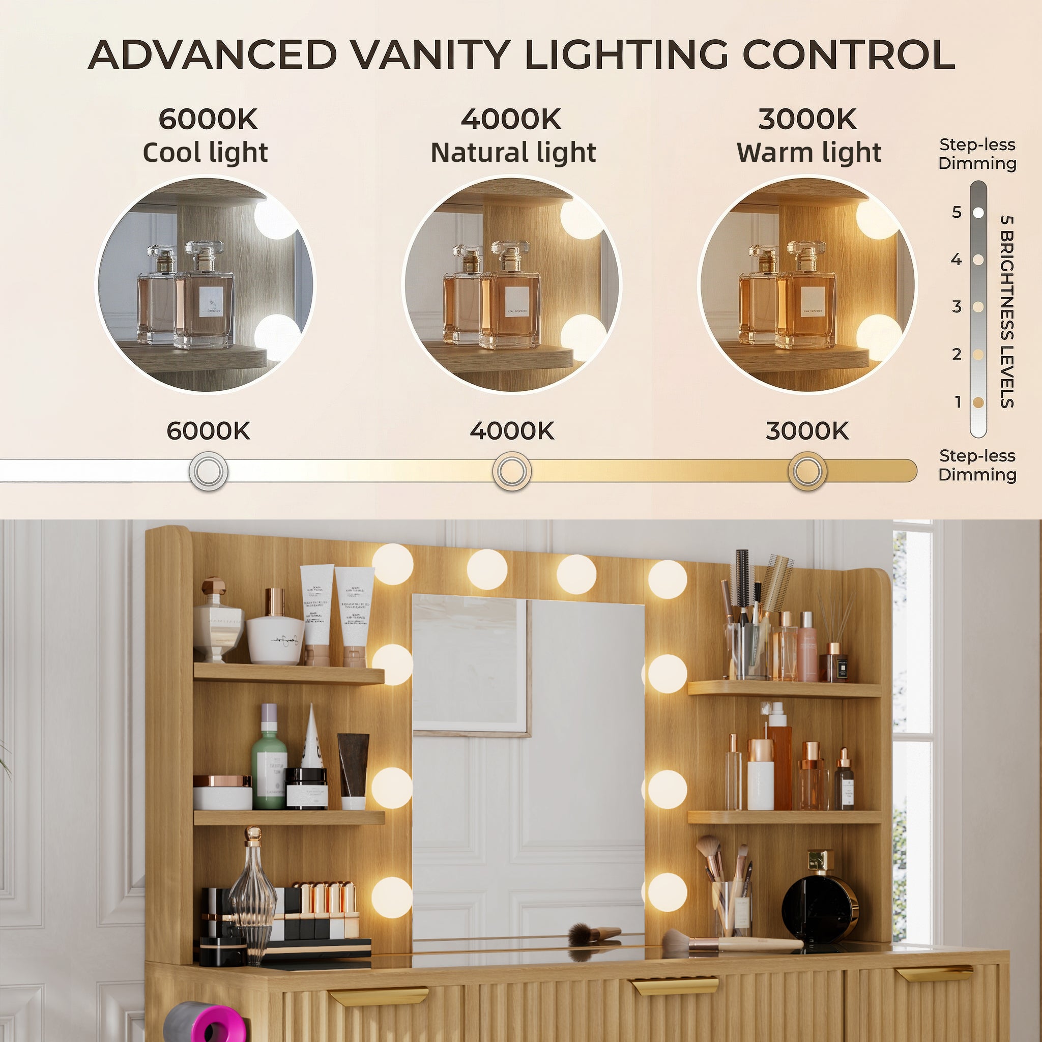 [variant:N881S436333N] Fluted 7-Drawer Vanity Desk with LED Mirror and Stool image 4