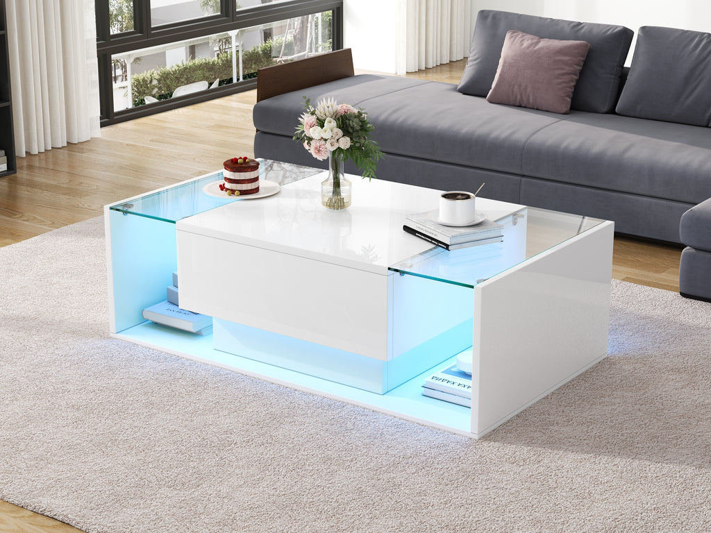 [variant:N892P423295W] High-Gloss LED Coffee Table with Drawer and Glass Top image 46