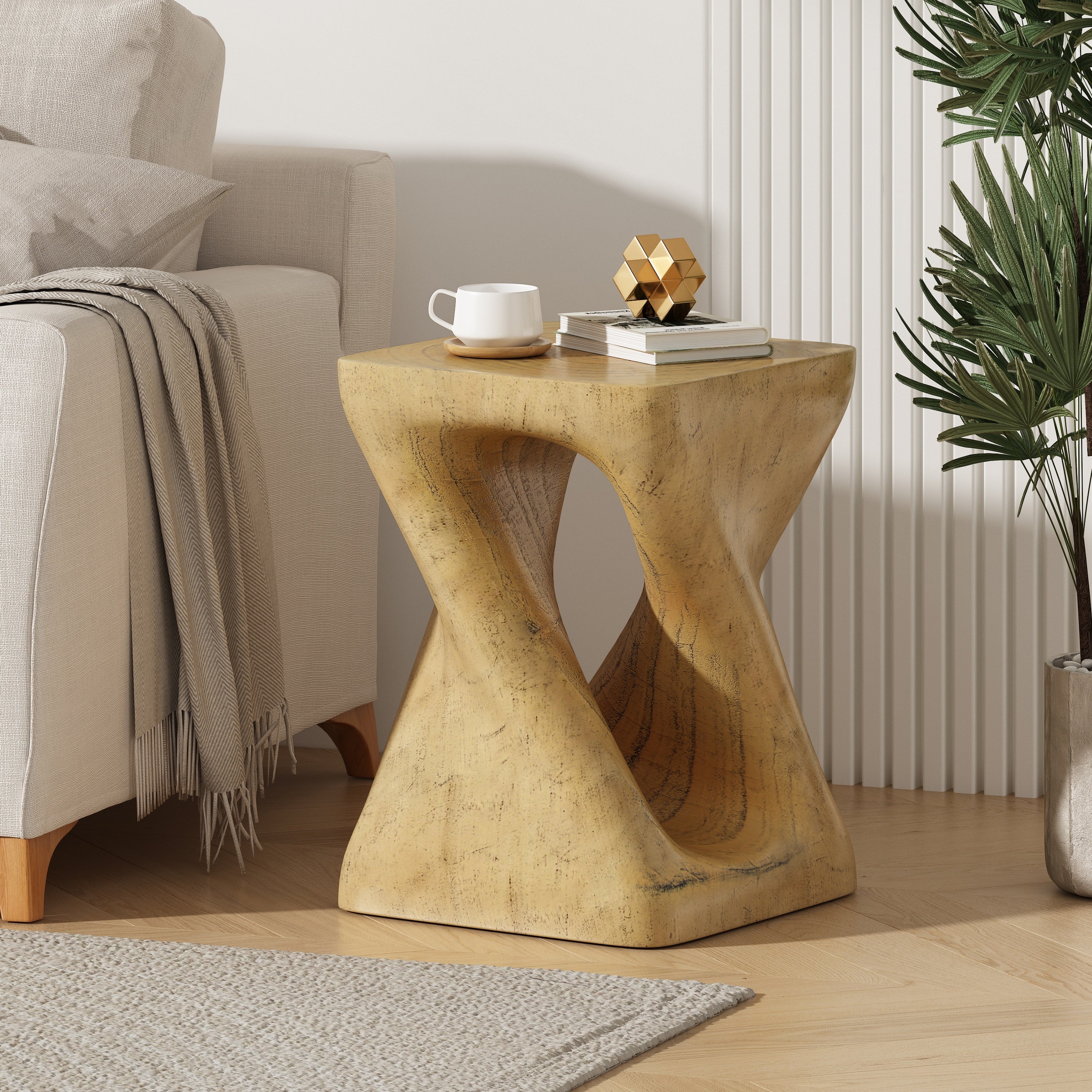 Twisted Wood-Look Indoor/Outdoor Side Table — [variant:N911P479287N] Natural image 5