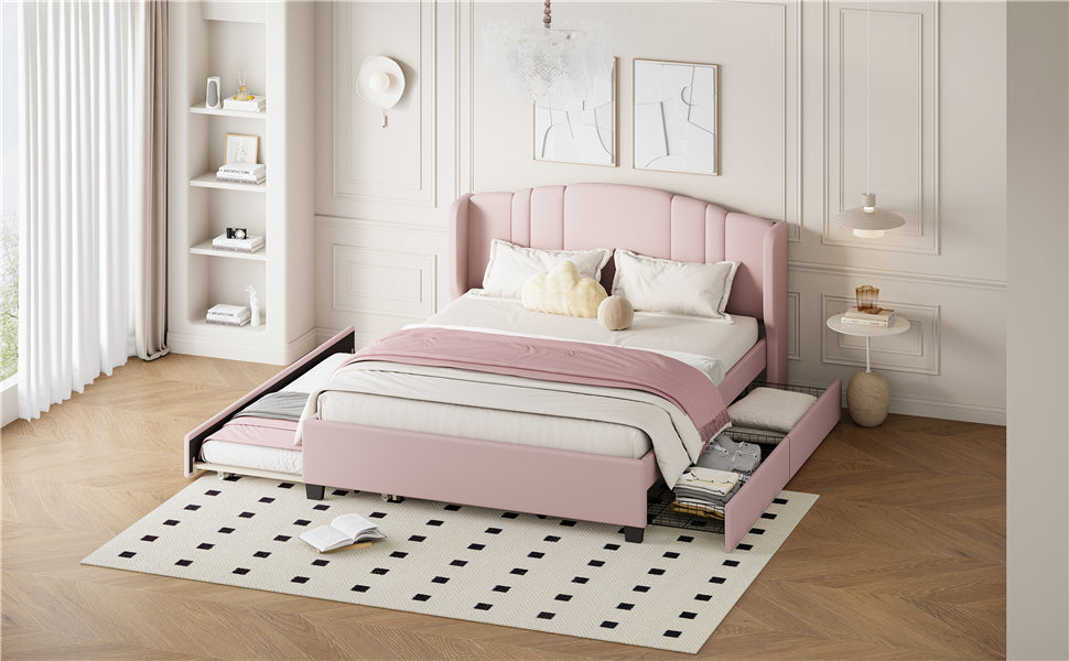 Queen Upholstered Wingback Bed with Twin Trundle & 2 Drawers — [variant:N854S427452H] Pink image 8