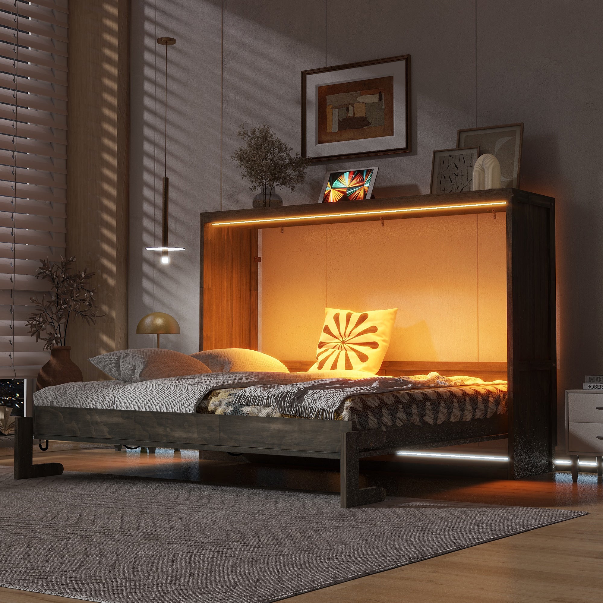 [variant:N8470004035D-1] Queen LED Murphy Bed Cabinet – Brown image 2