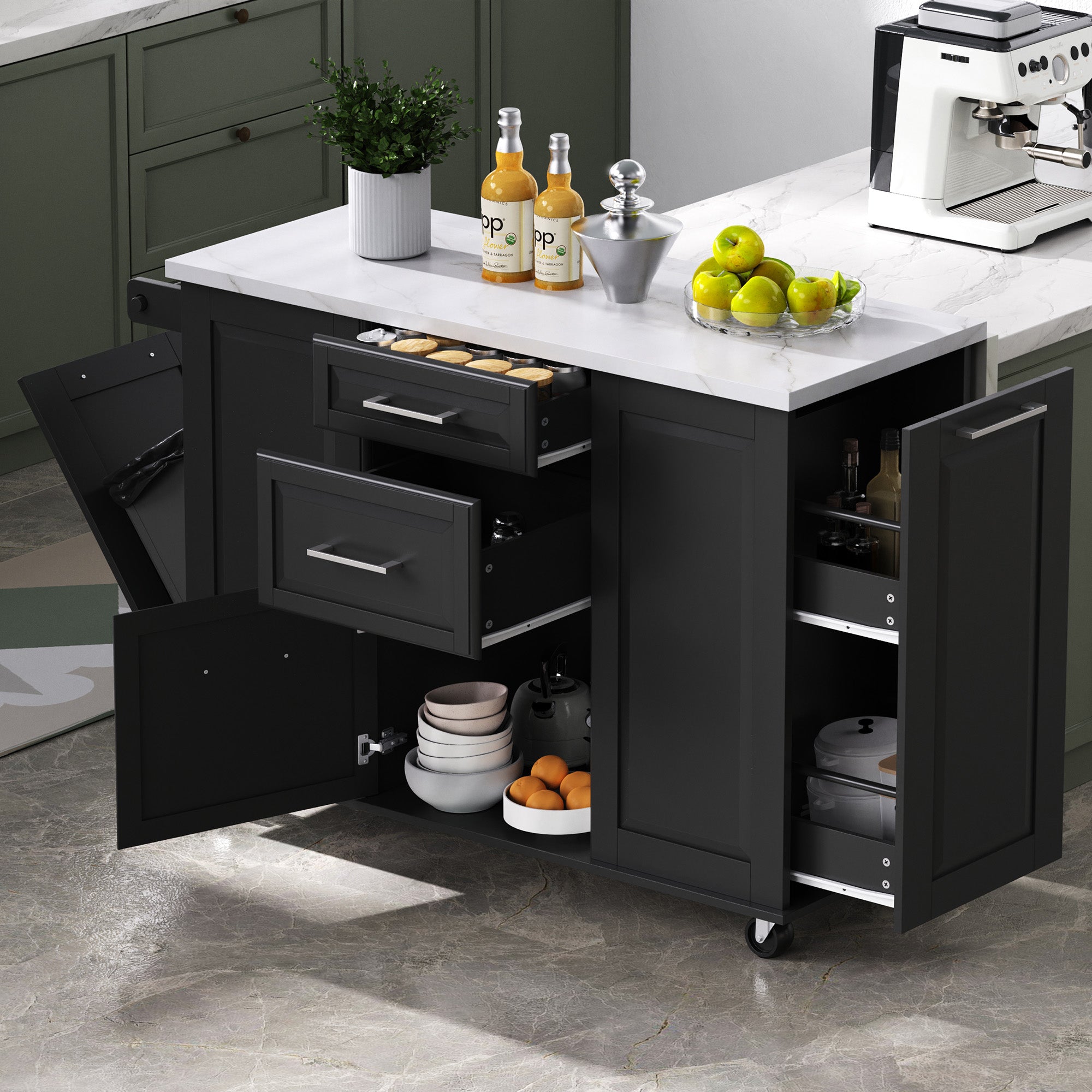 [variant:N853P390045B] Rolling Kitchen Island with Tilt-Out Trash Cabinet – Black, 50.7-Inch image 24