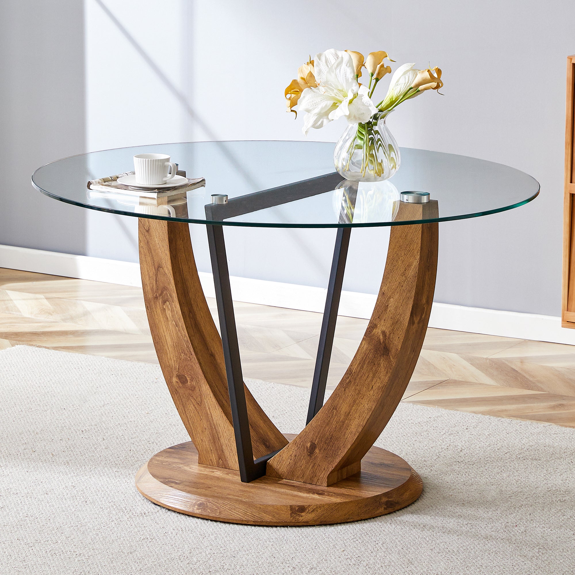 [variant:W3806S00013] Round Glass Dining Table – 48-Inch – Transparent,Wood image 1