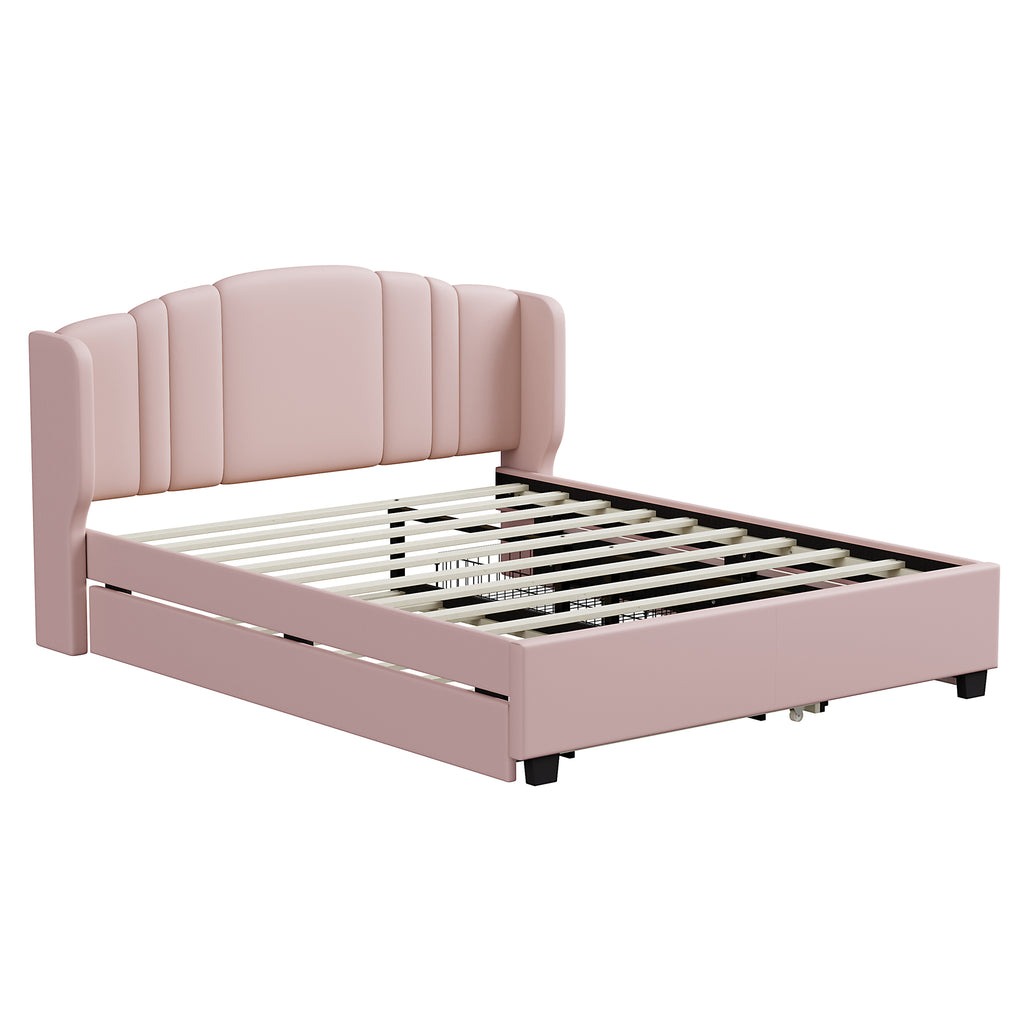 Queen Upholstered Wingback Bed with Twin Trundle & 2 Drawers — [variant:N854S427452H] Pink image 4