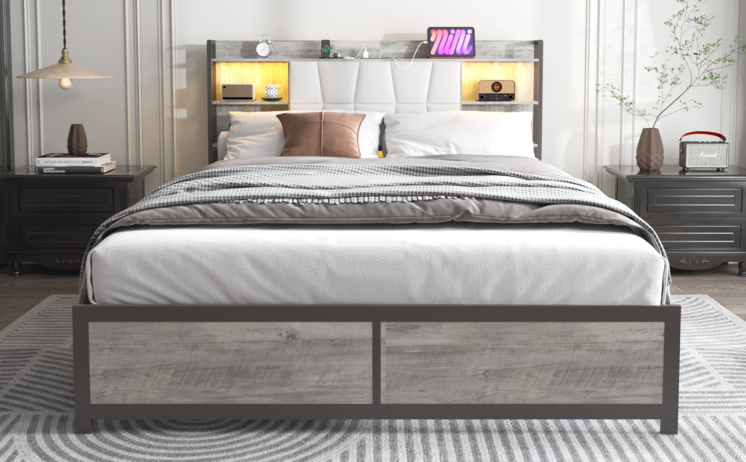 [variant:W5658P487022] Queen Upholstered Platform Bed with Bookcase Headboard, LED Lights & Charging Station image 2
