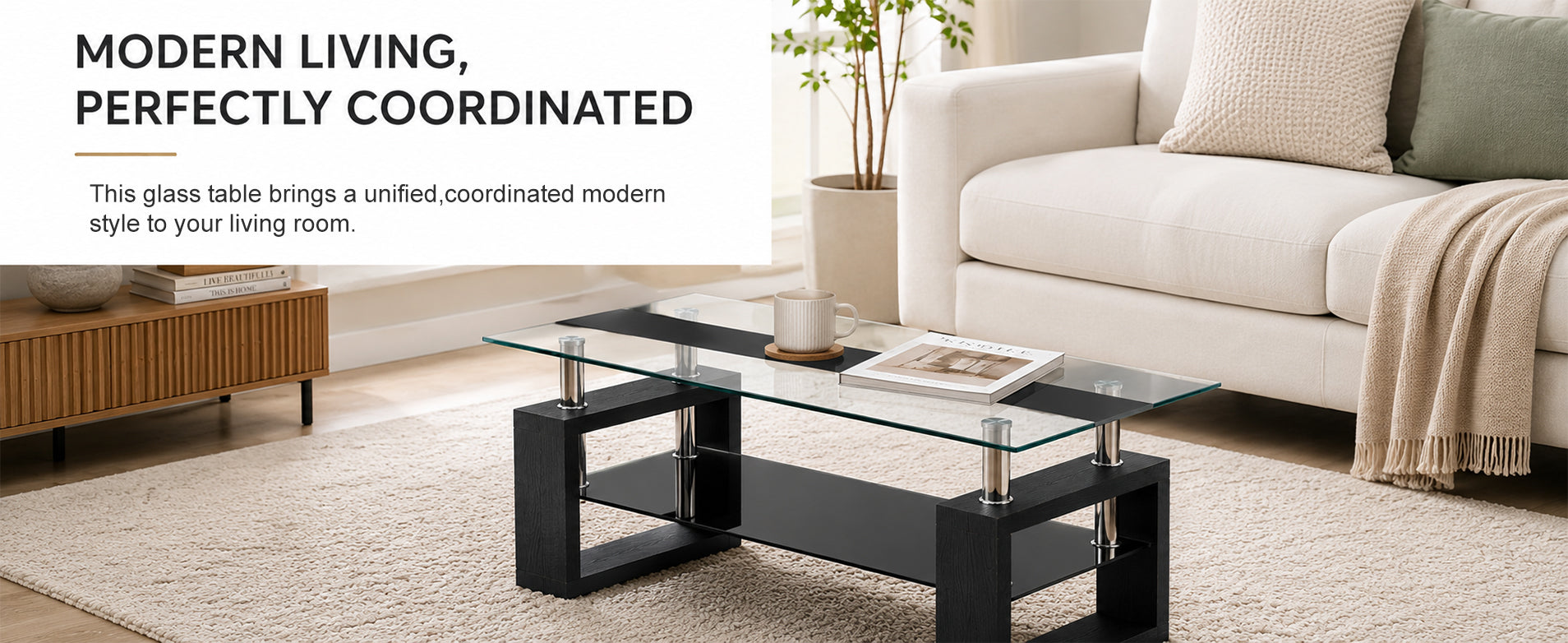 2-Tier Rectangular Tempered Glass Coffee Table — [variant:W3738P499155] Black image 12