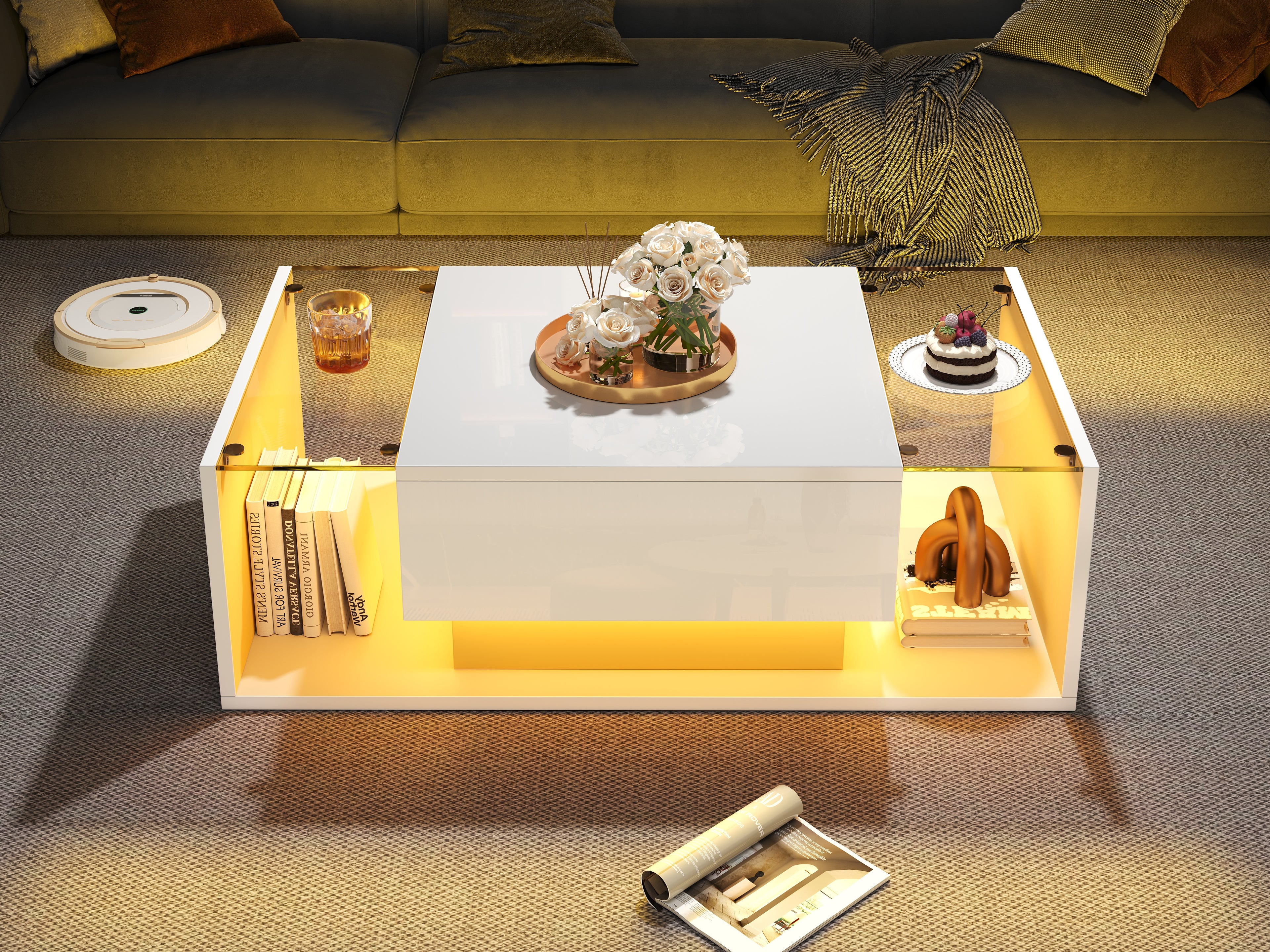 [variant:N892P423295W] High-Gloss LED Coffee Table with Drawer and Glass Top image 43
