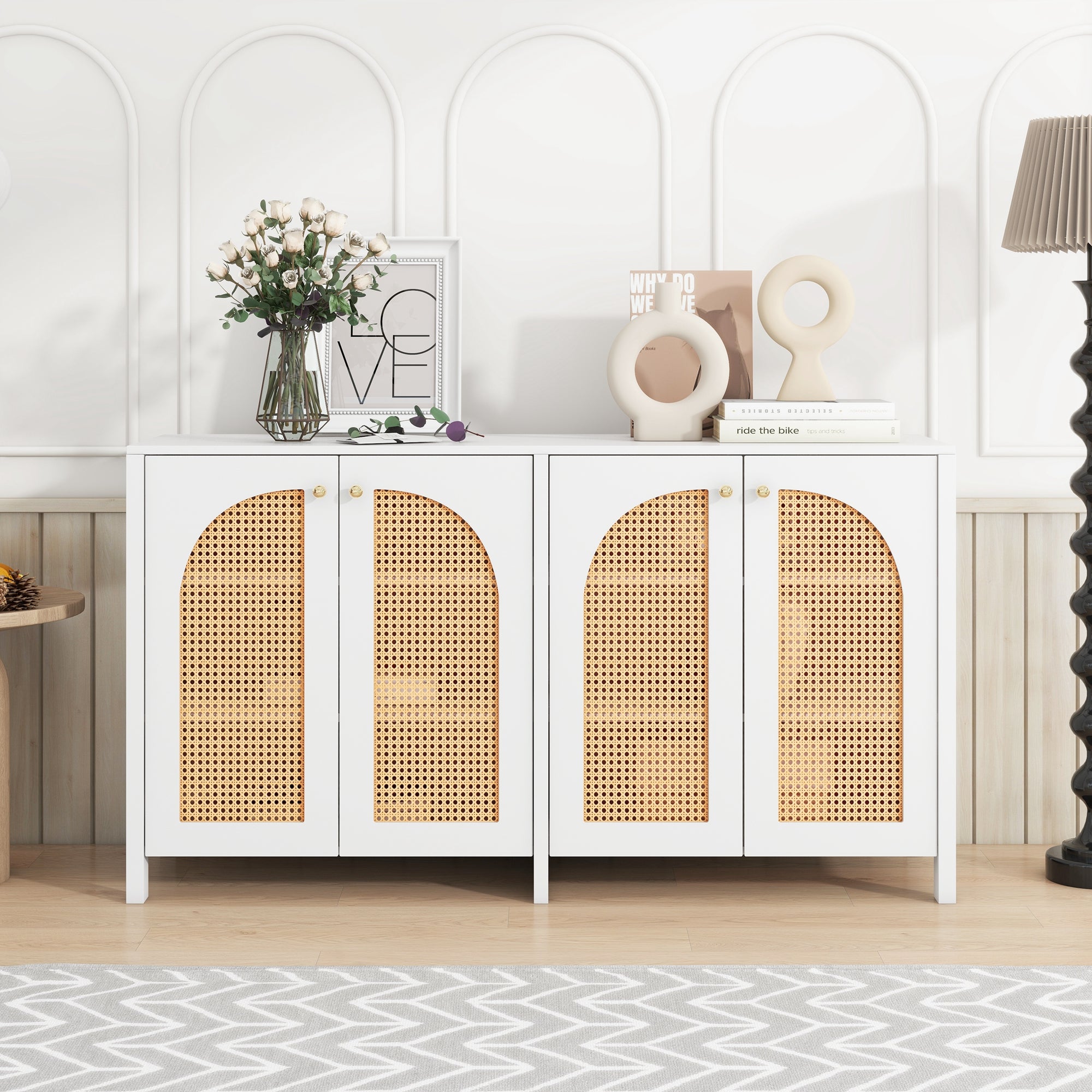 [variant:N852P470444K] Modern 4-Door Rattan Sideboard – White image 1