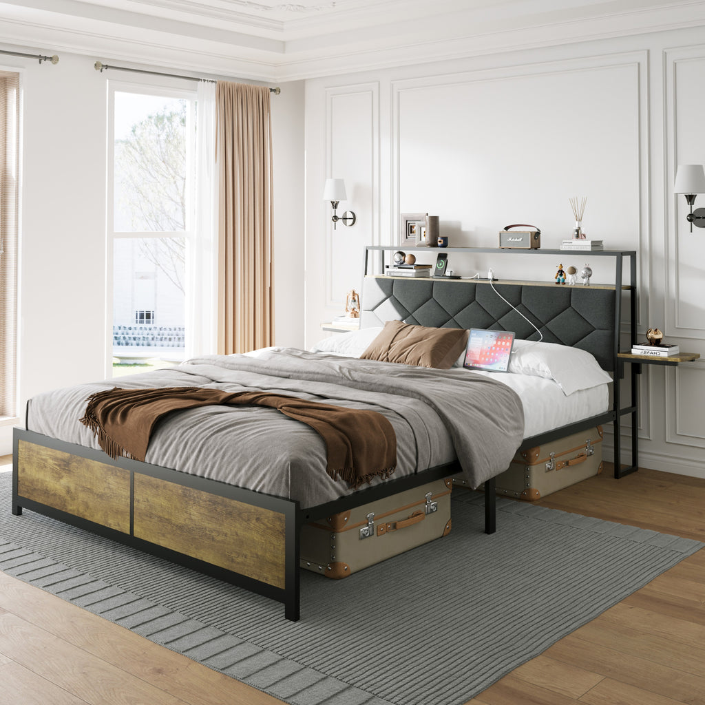 [variant:W5658P486993] Queen Metal Platform Bed with Storage Headboard & Charging Station image 8