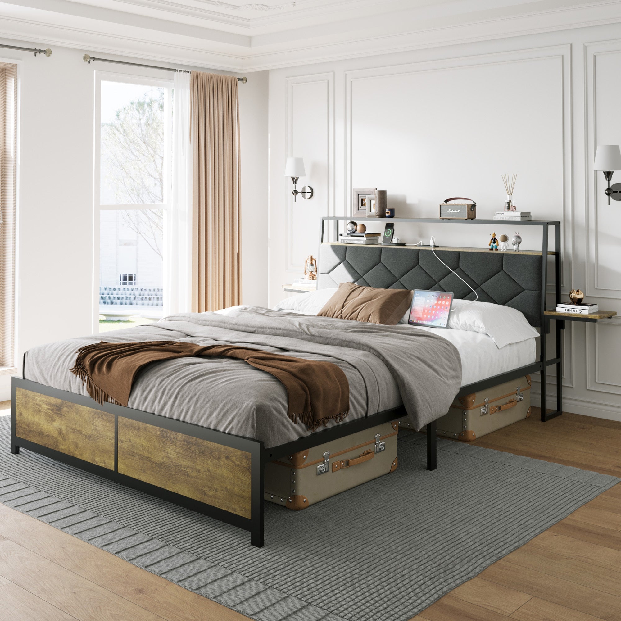 [variant:W5658P486993] Queen Metal Platform Bed with Storage Headboard & Charging Station image 8