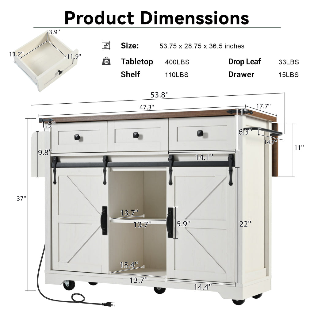 [variant:N853S379573W] Farmhouse Kitchen Island with Drop Leaf, Power Outlet and Sliding Barn Doors – 53.75-Inch image 30