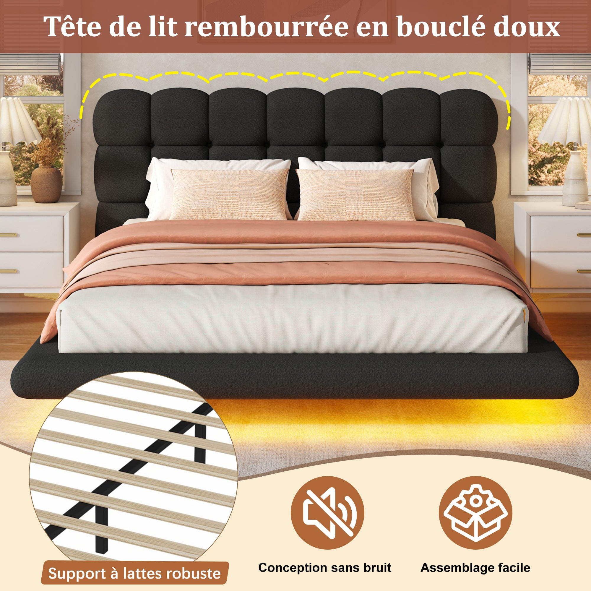[variant:HS451577AAB] Queen LED Floating Bouclé Platform Bed – Black image 11