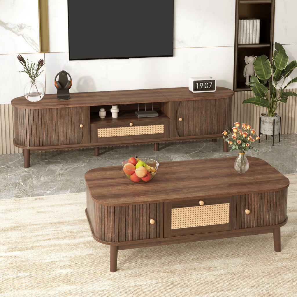[variant:GA725398N] Walnut TV Stand and Coffee Table Set image 1