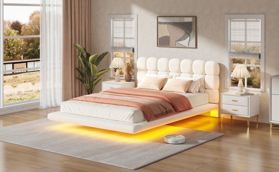 [variant:HS451577AAK] Queen LED Floating Bouclé Platform Bed – Cream White image 22